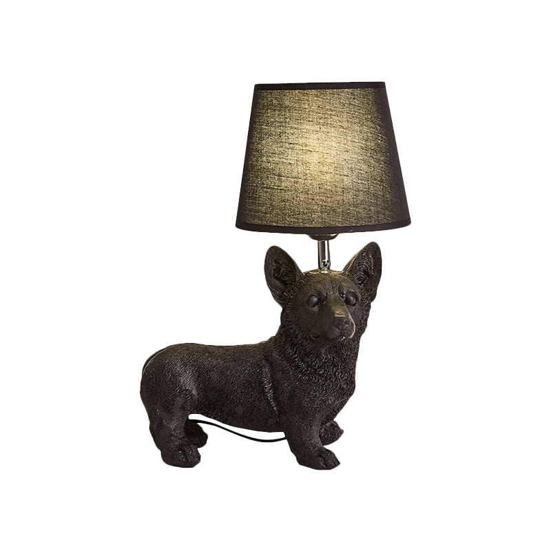 1 Bulb Fabric Night Table Light Traditional Black Drum Bedroom Nightstand Lamp with Resin Dog Base Clearhalo 'Lamps' 'Table Lamps' Lighting' 784417