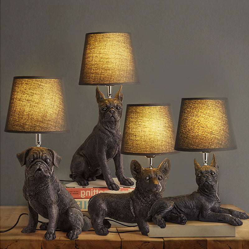 1 Bulb Fabric Night Table Light Traditional Black Drum Bedroom Nightstand Lamp with Resin Dog Base Clearhalo 'Lamps' 'Table Lamps' Lighting' 784419