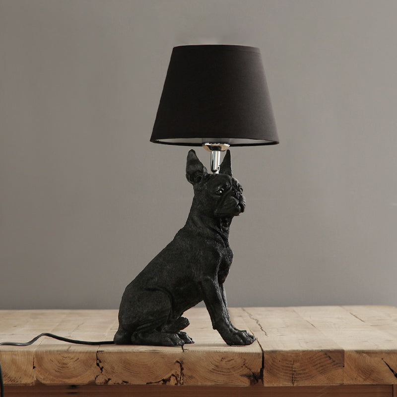 1 Bulb Fabric Night Table Light Traditional Black Drum Bedroom Nightstand Lamp with Resin Dog Base Black E Clearhalo 'Lamps' 'Table Lamps' Lighting' 784420