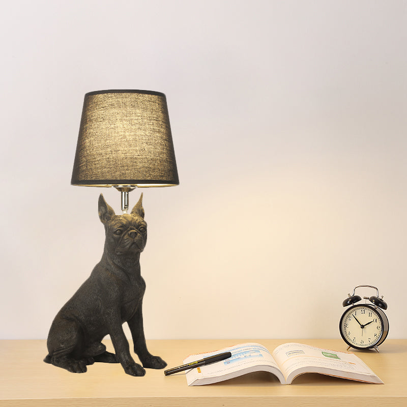 1 Bulb Fabric Night Table Light Traditional Black Drum Bedroom Nightstand Lamp with Resin Dog Base Clearhalo 'Lamps' 'Table Lamps' Lighting' 784421