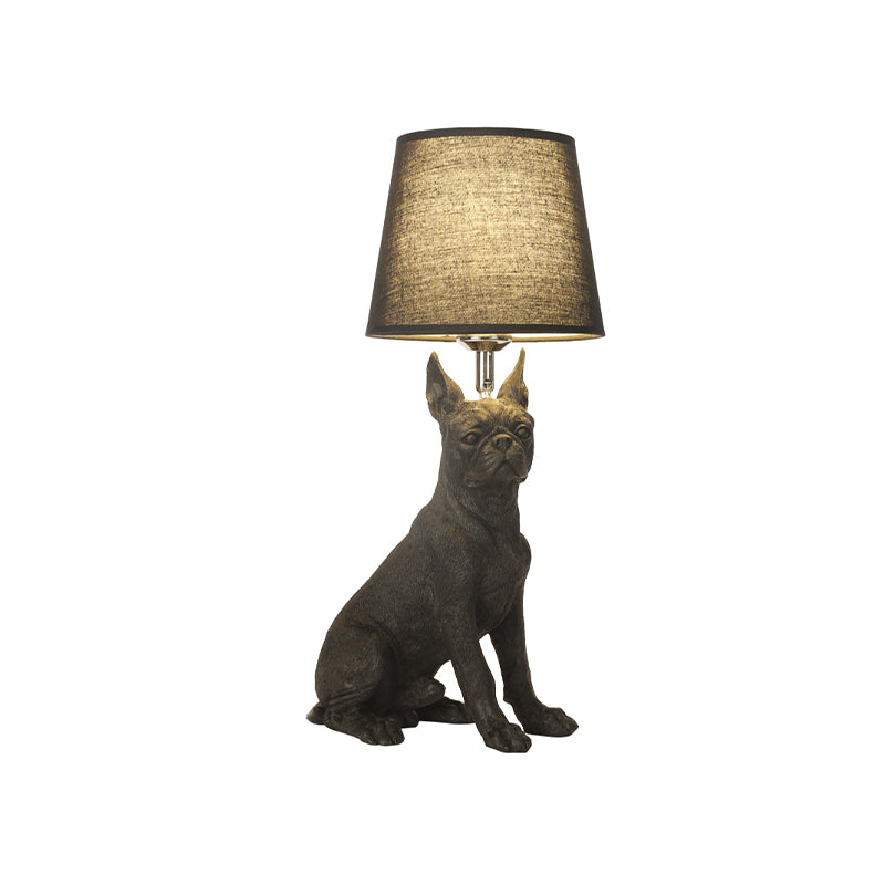 1 Bulb Fabric Night Table Light Traditional Black Drum Bedroom Nightstand Lamp with Resin Dog Base Clearhalo 'Lamps' 'Table Lamps' Lighting' 784422