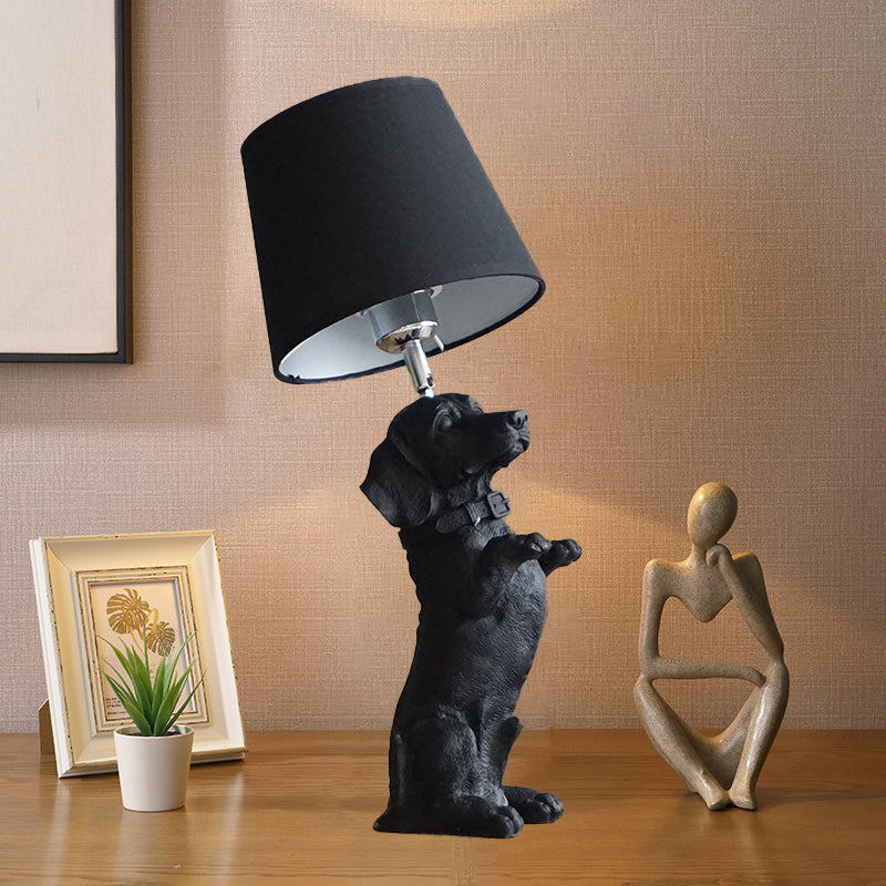 1 Bulb Fabric Night Table Light Traditional Black Drum Bedroom Nightstand Lamp with Resin Dog Base Clearhalo 'Lamps' 'Table Lamps' Lighting' 784426