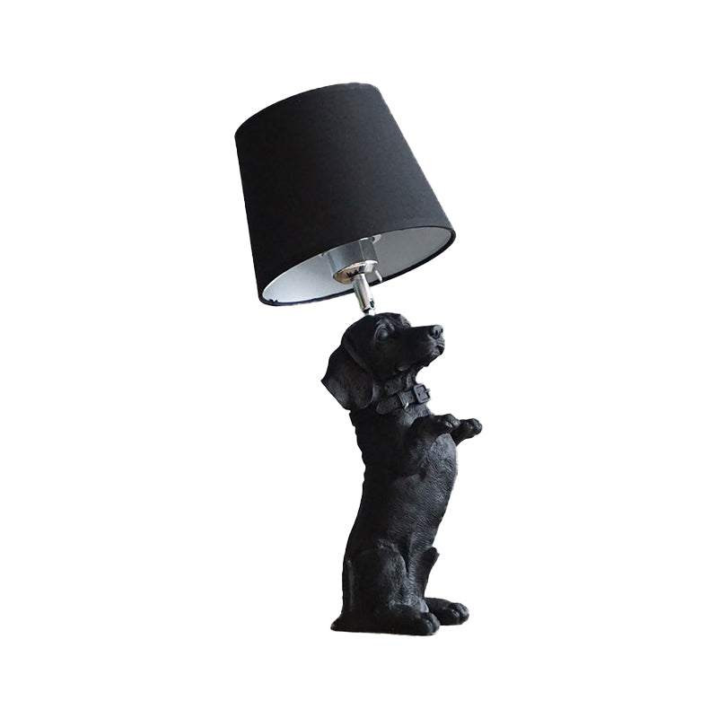 1 Bulb Fabric Night Table Light Traditional Black Drum Bedroom Nightstand Lamp with Resin Dog Base Clearhalo 'Lamps' 'Table Lamps' Lighting' 784427