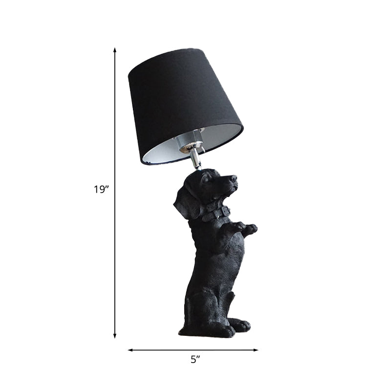 1 Bulb Fabric Night Table Light Traditional Black Drum Bedroom Nightstand Lamp with Resin Dog Base Clearhalo 'Lamps' 'Table Lamps' Lighting' 784428
