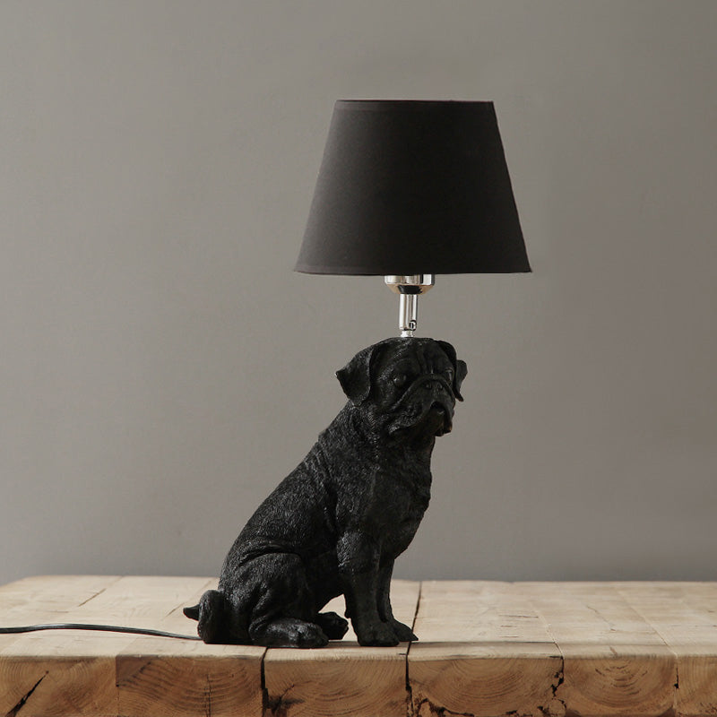 1 Bulb Fabric Night Table Light Traditional Black Drum Bedroom Nightstand Lamp with Resin Dog Base Black D Clearhalo 'Lamps' 'Table Lamps' Lighting' 784429