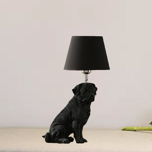 1 Bulb Fabric Night Table Light Traditional Black Drum Bedroom Nightstand Lamp with Resin Dog Base Clearhalo 'Lamps' 'Table Lamps' Lighting' 784430