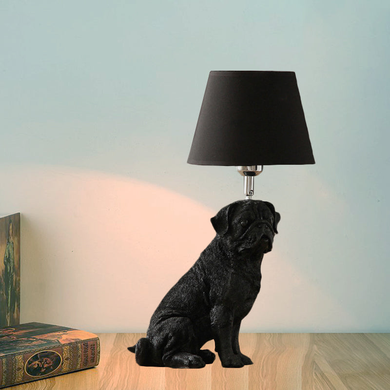 1 Bulb Fabric Night Table Light Traditional Black Drum Bedroom Nightstand Lamp with Resin Dog Base Clearhalo 'Lamps' 'Table Lamps' Lighting' 784431