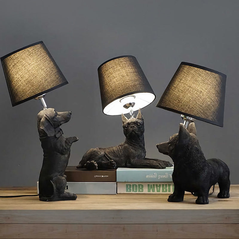 1 Bulb Fabric Night Table Light Traditional Black Drum Bedroom Nightstand Lamp with Resin Dog Base Clearhalo 'Lamps' 'Table Lamps' Lighting' 784434