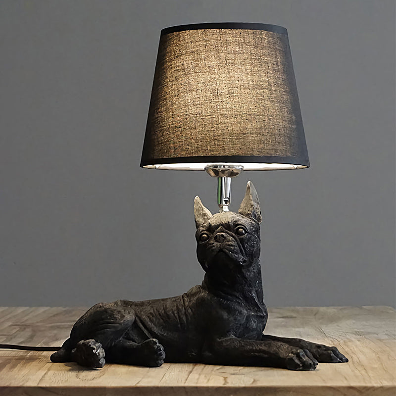 1 Bulb Fabric Night Table Light Traditional Black Drum Bedroom Nightstand Lamp with Resin Dog Base Black B Clearhalo 'Lamps' 'Table Lamps' Lighting' 784435