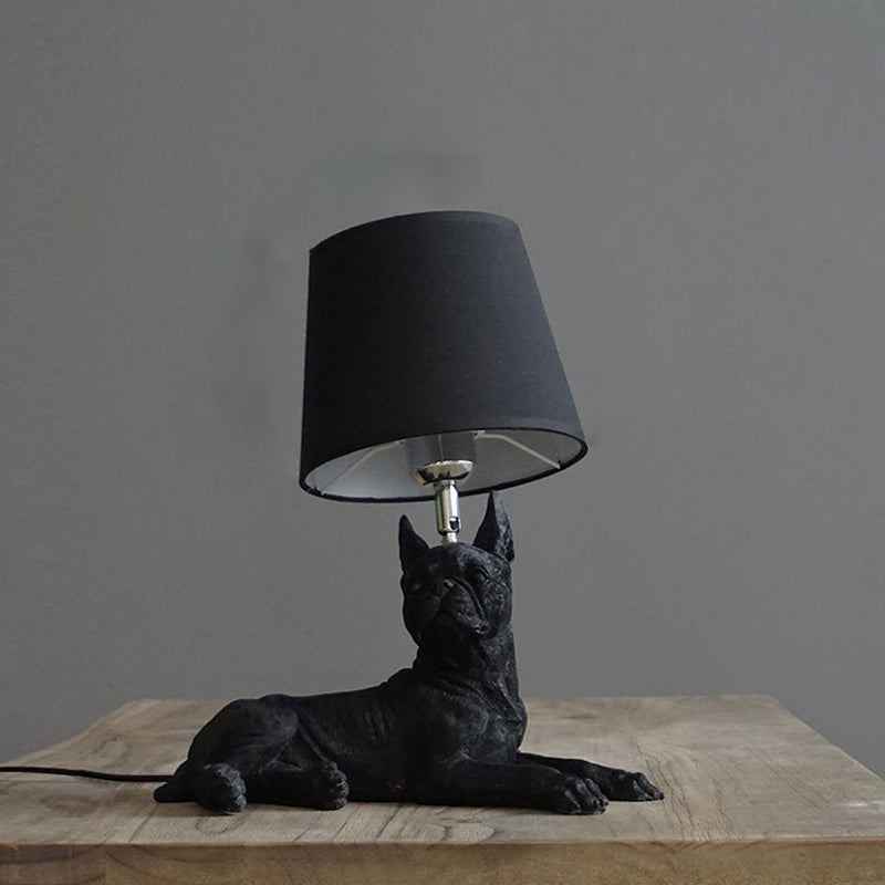 1 Bulb Fabric Night Table Light Traditional Black Drum Bedroom Nightstand Lamp with Resin Dog Base Clearhalo 'Lamps' 'Table Lamps' Lighting' 784436