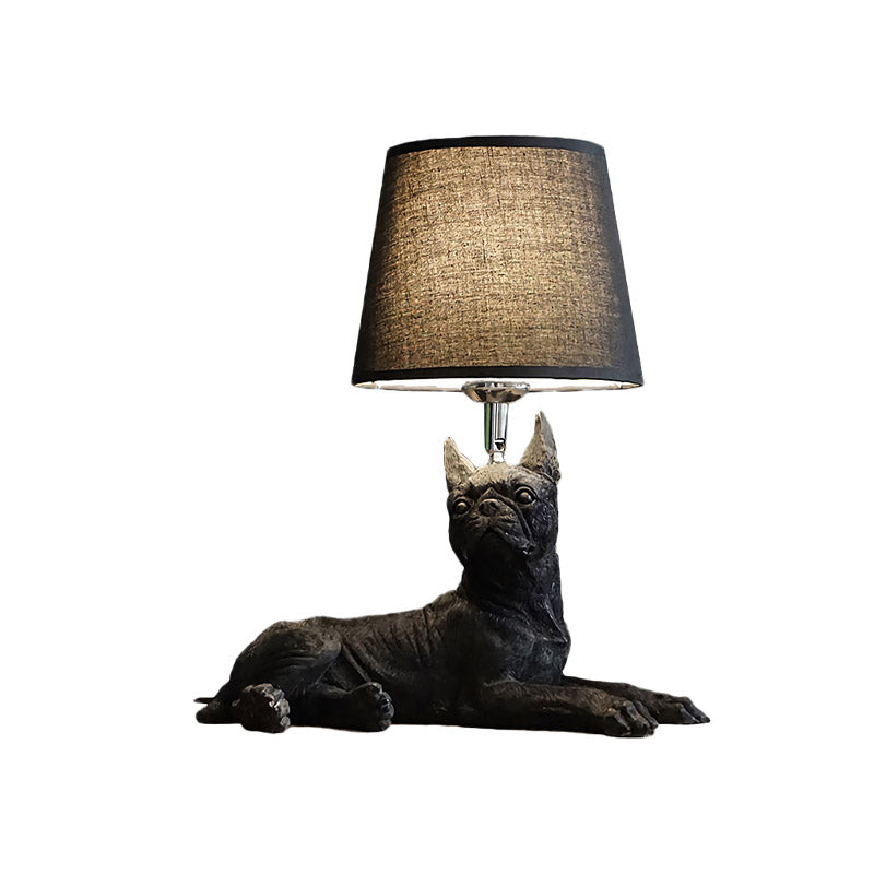 1 Bulb Fabric Night Table Light Traditional Black Drum Bedroom Nightstand Lamp with Resin Dog Base Clearhalo 'Lamps' 'Table Lamps' Lighting' 784437
