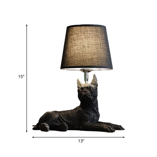 1 Bulb Fabric Night Table Light Traditional Black Drum Bedroom Nightstand Lamp with Resin Dog Base Clearhalo 'Lamps' 'Table Lamps' Lighting' 784438