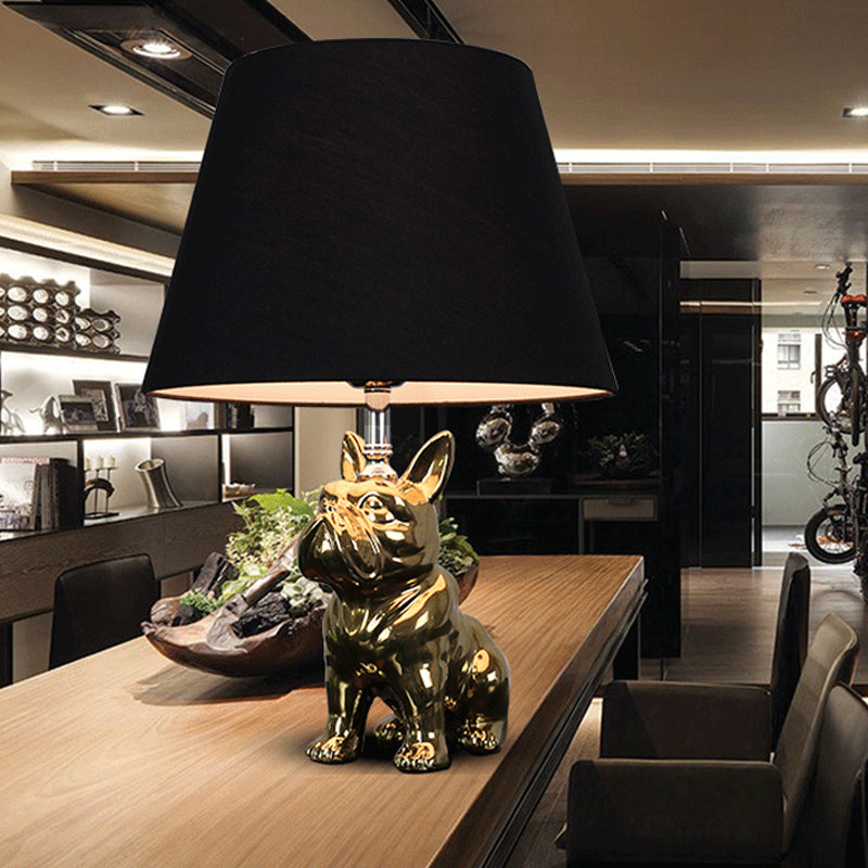 Silver/Gold 1 Head Night Lamp Traditional Resin Dog Nightstand Light with Conical Fabric Shade for Bedroom Gold Clearhalo 'Lamps' 'Table Lamps' Lighting' 784439