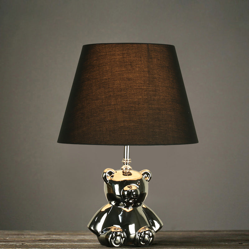 Ceramic Silver/Gold Night Lighting Bear 1 Head Countryside Table Light with Tapered Drum Fabric Shade Silver Clearhalo 'Lamps' 'Table Lamps' Lighting' 784447