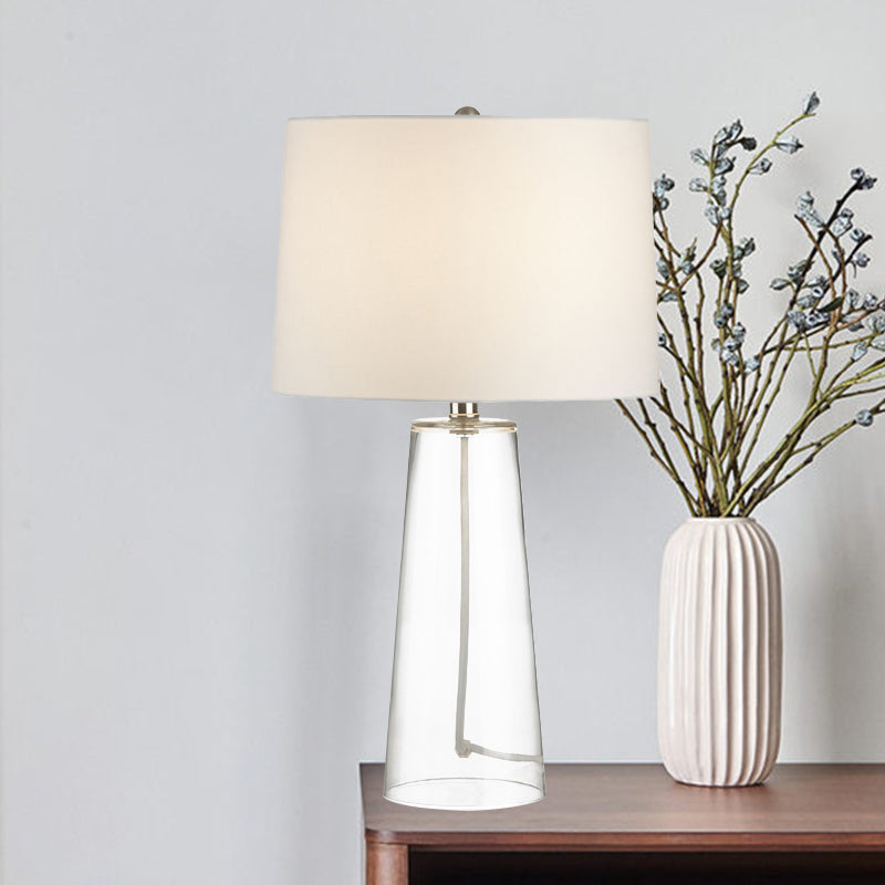 Traditional Cone Table Light 1 Head Clear Glass Nightstand Lamp with Barrel White Fabric Shade White Clearhalo 'Lamps' 'Table Lamps' Lighting' 784455