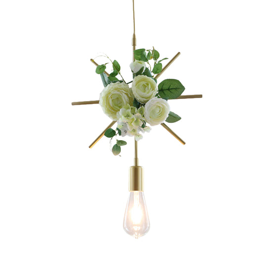 Farmhouse Fake Floral Ceiling Lamp 1 Light Metallic Pendant Light in Green with Triangle/Square/Linear Frame Clearhalo 'Art Deco Pendants' 'Cast Iron' 'Ceiling Lights' 'Ceramic' 'Crystal' 'Industrial Pendants' 'Industrial' 'Metal' 'Middle Century Pendants' 'Pendant Lights' 'Pendants' 'Tiffany' Lighting' 784504