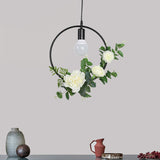 1 Bulb Artificial Flower Ceiling Pendant Loft Style Black Iron Down Lighting with Triangle/Round/Square Frame Black Round Clearhalo 'Art Deco Pendants' 'Black' 'Cast Iron' 'Ceiling Lights' 'Ceramic' 'Crystal' 'Industrial Pendants' 'Industrial' 'Metal' 'Middle Century Pendants' 'Pendant Lights' 'Pendants' 'Rustic Pendants' 'Tiffany' Lighting' 784566
