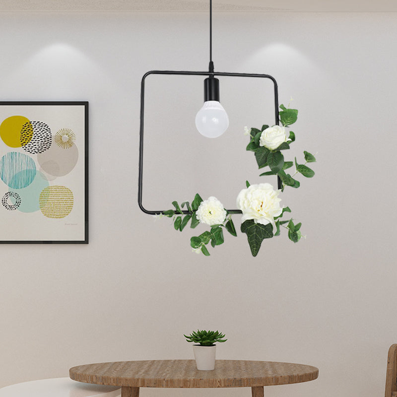 1 Bulb Artificial Flower Ceiling Pendant Loft Style Black Iron Down Lighting with Triangle/Round/Square Frame Black Square Clearhalo 'Art Deco Pendants' 'Black' 'Cast Iron' 'Ceiling Lights' 'Ceramic' 'Crystal' 'Industrial Pendants' 'Industrial' 'Metal' 'Middle Century Pendants' 'Pendant Lights' 'Pendants' 'Rustic Pendants' 'Tiffany' Lighting' 784575