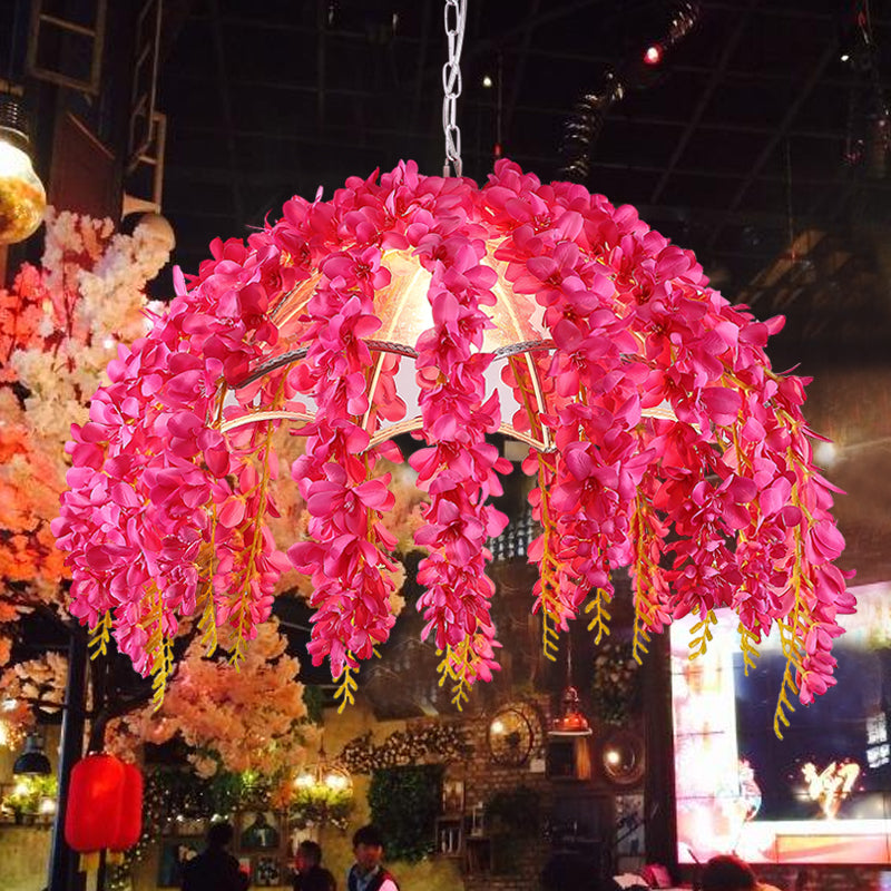 Metal Rose Red Hanging Pendant Light Bowl Cage 1-Head Warehouse Ceiling Lamp with Fake Vine Deco Rose Red Clearhalo 'Art Deco Pendants' 'Cast Iron' 'Ceiling Lights' 'Ceramic' 'Crystal' 'Industrial Pendants' 'Industrial' 'Metal' 'Middle Century Pendants' 'Pendant Lights' 'Pendants' 'Tiffany' Lighting' 784618