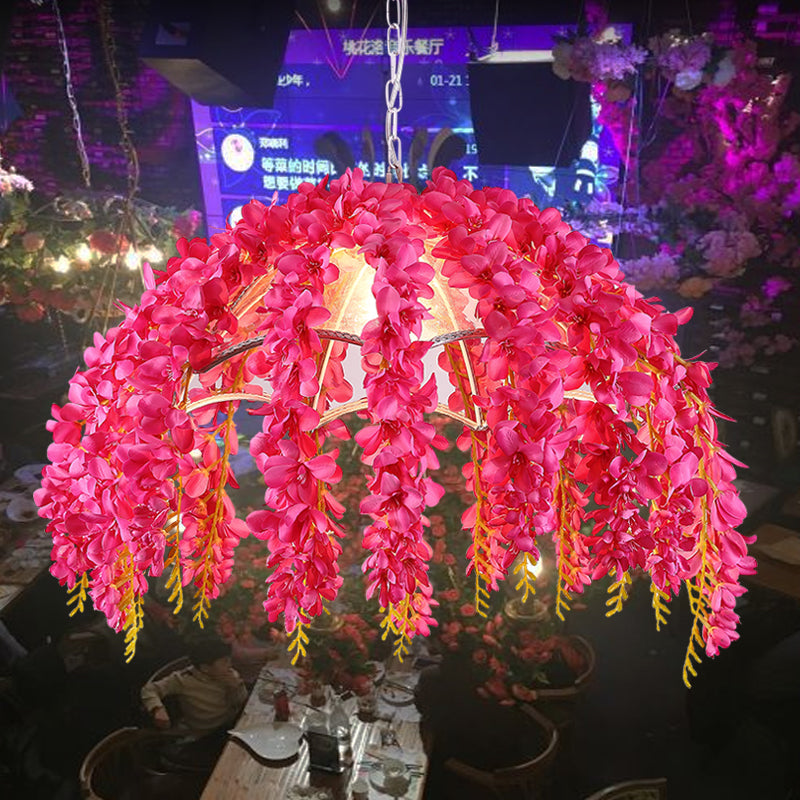 Metal Rose Red Hanging Pendant Light Bowl Cage 1-Head Warehouse Ceiling Lamp with Fake Vine Deco Clearhalo 'Art Deco Pendants' 'Cast Iron' 'Ceiling Lights' 'Ceramic' 'Crystal' 'Industrial Pendants' 'Industrial' 'Metal' 'Middle Century Pendants' 'Pendant Lights' 'Pendants' 'Tiffany' Lighting' 784619