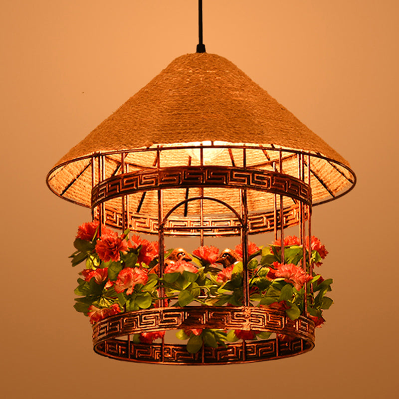 1-Bulb House Pendant Ceiling Light Vintage Black/Rust Finish Rope Hanging Lamp Kit with Flower/Vine Deco Clearhalo 'Art Deco Pendants' 'Black' 'Cast Iron' 'Ceiling Lights' 'Ceramic' 'Crystal' 'Industrial Pendants' 'Industrial' 'Metal' 'Middle Century Pendants' 'Pendant Lights' 'Pendants' 'Rustic Pendants' 'Tiffany' Lighting' 784628