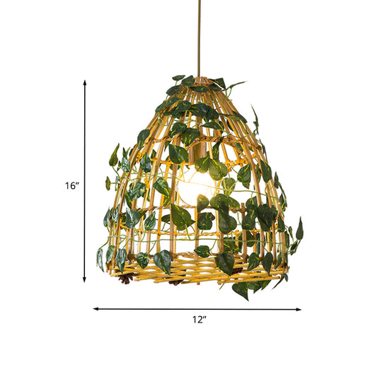 1-Head Pendant Light Kit Antiqued Bell Cage Bamboo Suspension Lamp in Beige with Fake Plant Deco Clearhalo 'Ceiling Lights' 'Industrial Pendants' 'Industrial' 'Middle Century Pendants' 'Pendant Lights' 'Pendants' 'Tiffany' Lighting' 784637
