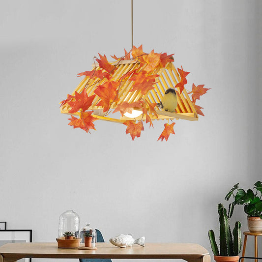 Red/Green Roof Pendant Lamp Retro Style Bamboo 1 Light Dining Room Hanging Light Fixture with Plant Deco Clearhalo 'Ceiling Lights' 'Industrial Pendants' 'Industrial' 'Middle Century Pendants' 'Pendant Lights' 'Pendants' 'Tiffany' Lighting' 784643
