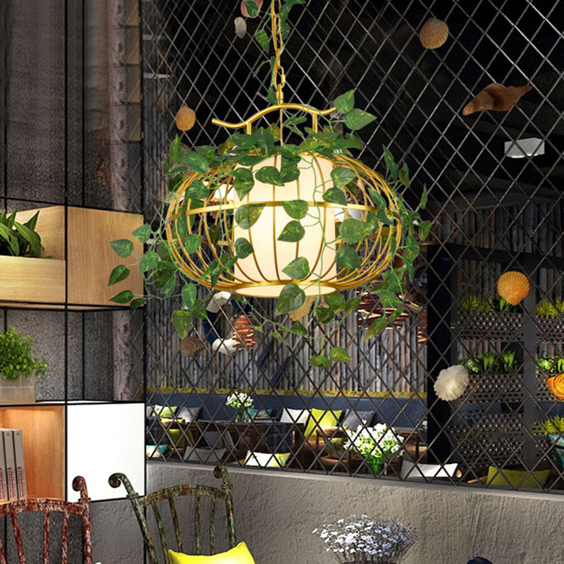 1 Light Metal Hanging Light Fixture Factory Red/Pink/Green Lantern Cage Down Lighting with Fabric Shade and Fake Plant/Flower Clearhalo 'Art Deco Pendants' 'Cast Iron' 'Ceiling Lights' 'Ceramic' 'Crystal' 'Industrial Pendants' 'Industrial' 'Metal' 'Middle Century Pendants' 'Pendant Lights' 'Pendants' 'Tiffany' Lighting' 784651