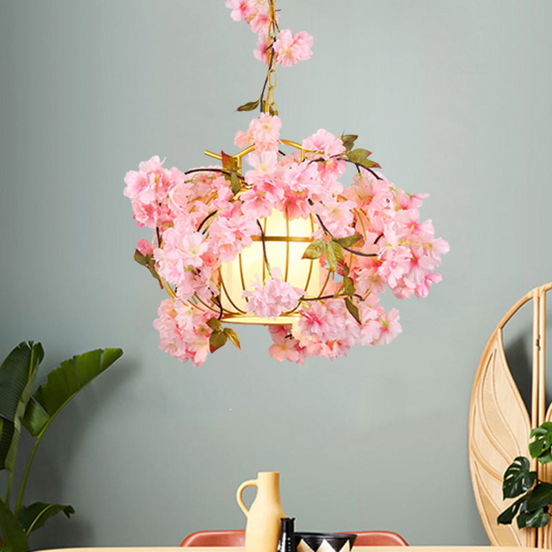 1 Light Metal Hanging Light Fixture Factory Red/Pink/Green Lantern Cage Down Lighting with Fabric Shade and Fake Plant/Flower Clearhalo 'Art Deco Pendants' 'Cast Iron' 'Ceiling Lights' 'Ceramic' 'Crystal' 'Industrial Pendants' 'Industrial' 'Metal' 'Middle Century Pendants' 'Pendant Lights' 'Pendants' 'Tiffany' Lighting' 784660