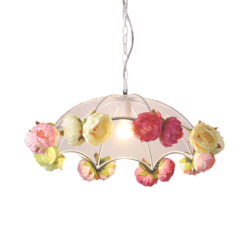 White 1 Light Hanging Lighting Antiqued PVC Umbrella Pendant Light Kit with Artificial Flower Deco Clearhalo 'Ceiling Lights' 'Industrial Pendants' 'Industrial' 'Middle Century Pendants' 'Pendant Lights' 'Pendants' 'Tiffany' Lighting' 784668