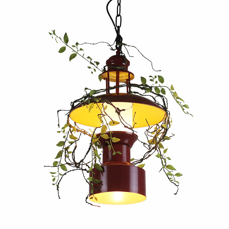 Metal Burgundy Hanging Ceiling Light Drum Shade 1 Light Farm Style Pendant Lamp with Fake Plant Clearhalo 'Art Deco Pendants' 'Cast Iron' 'Ceiling Lights' 'Ceramic' 'Crystal' 'Industrial Pendants' 'Industrial' 'Metal' 'Middle Century Pendants' 'Pendant Lights' 'Pendants' 'Tiffany' Lighting' 784676
