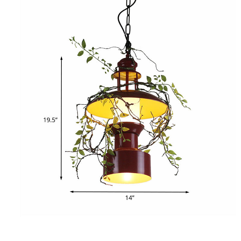 Metal Burgundy Hanging Ceiling Light Drum Shade 1 Light Farm Style Pendant Lamp with Fake Plant Clearhalo 'Art Deco Pendants' 'Cast Iron' 'Ceiling Lights' 'Ceramic' 'Crystal' 'Industrial Pendants' 'Industrial' 'Metal' 'Middle Century Pendants' 'Pendant Lights' 'Pendants' 'Tiffany' Lighting' 784677