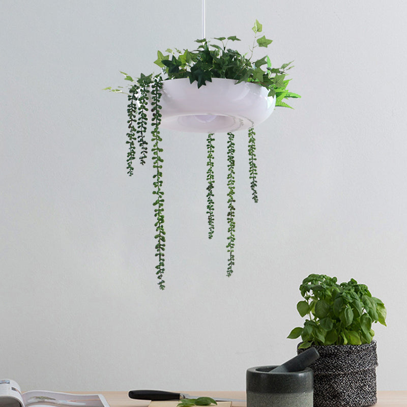 Warehouse Donut Pendant Light 1 Light Metallic Suspension Lighting in White with Green Vine Deco Clearhalo 'Art Deco Pendants' 'Cast Iron' 'Ceiling Lights' 'Ceramic' 'Crystal' 'Industrial Pendants' 'Industrial' 'Metal' 'Middle Century Pendants' 'Pendant Lights' 'Pendants' 'Tiffany' Lighting' 784679