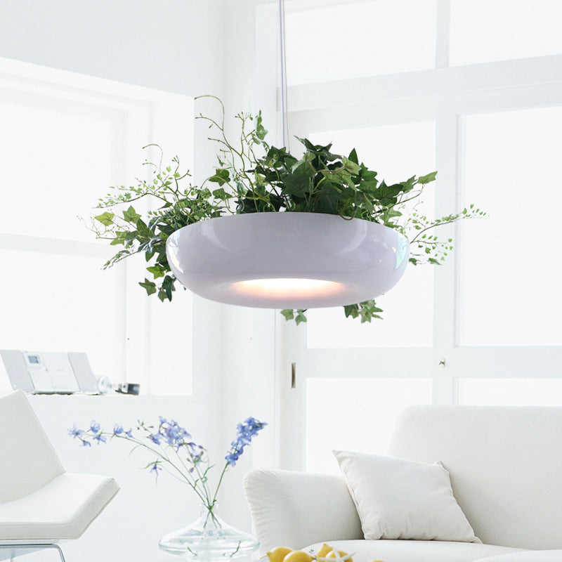 Warehouse Donut Pendant Light 1 Light Metallic Suspension Lighting in White with Green Vine Deco Clearhalo 'Art Deco Pendants' 'Cast Iron' 'Ceiling Lights' 'Ceramic' 'Crystal' 'Industrial Pendants' 'Industrial' 'Metal' 'Middle Century Pendants' 'Pendant Lights' 'Pendants' 'Tiffany' Lighting' 784683