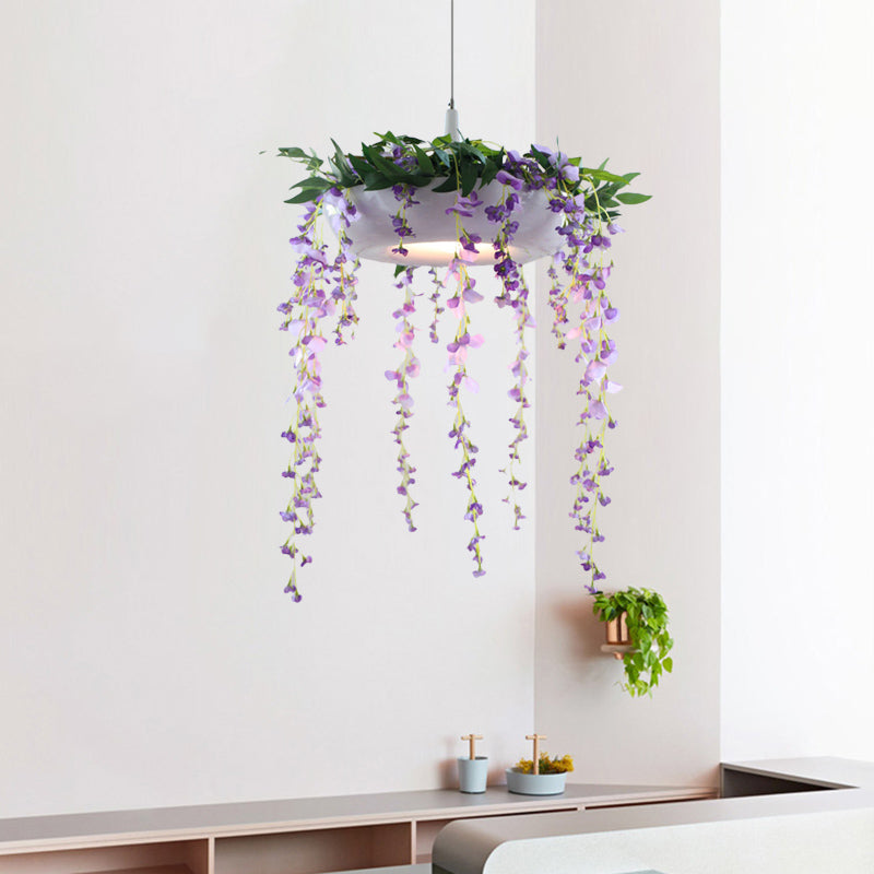 Metallic Donut Shade Pendant Light Fixture Farm 1-Light Living Room Hanging Lamp Kit in White/Pink/Purple with Cascading Flower Deco Clearhalo 'Art Deco Pendants' 'Cast Iron' 'Ceiling Lights' 'Ceramic' 'Crystal' 'Industrial Pendants' 'Industrial' 'Metal' 'Middle Century Pendants' 'Pendant Lights' 'Pendants' 'Tiffany' Lighting' 784693