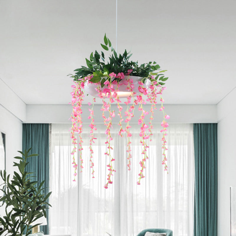 Metallic Donut Shade Pendant Light Fixture Farm 1-Light Living Room Hanging Lamp Kit in White/Pink/Purple with Cascading Flower Deco Clearhalo 'Art Deco Pendants' 'Cast Iron' 'Ceiling Lights' 'Ceramic' 'Crystal' 'Industrial Pendants' 'Industrial' 'Metal' 'Middle Century Pendants' 'Pendant Lights' 'Pendants' 'Tiffany' Lighting' 784702