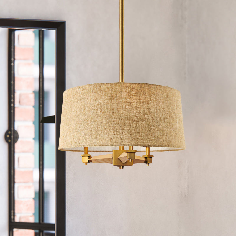 Drum Bedroom Hanging Chandelier Farmhouse Fabric 3 Bulbs White/Light Wood/Dark Wood Ceiling Suspension Light Dark Wood Clearhalo 'Ceiling Lights' 'Chandeliers' Lighting' options 784730_15fdaf18-d750-47c9-9fed-1257d21887bc