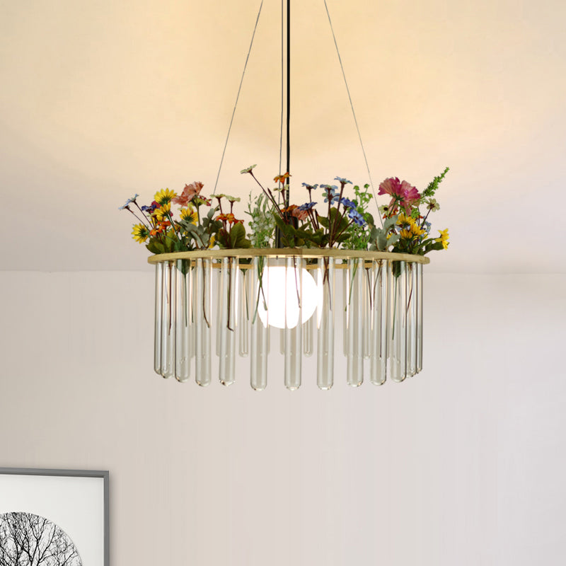 Beige Tubular Ceiling Lamp Loft Clear Glass 12"/19.5" W 1 Head Plant Hanging Pendant Light with Wood Circle Clearhalo 'Ceiling Lights' 'Glass shade' 'Glass' 'Industrial Pendants' 'Industrial' 'Island Lights' 'Middle Century Pendants' 'Pendant Lights' 'Pendants' 'Tiffany' Lighting' 784764
