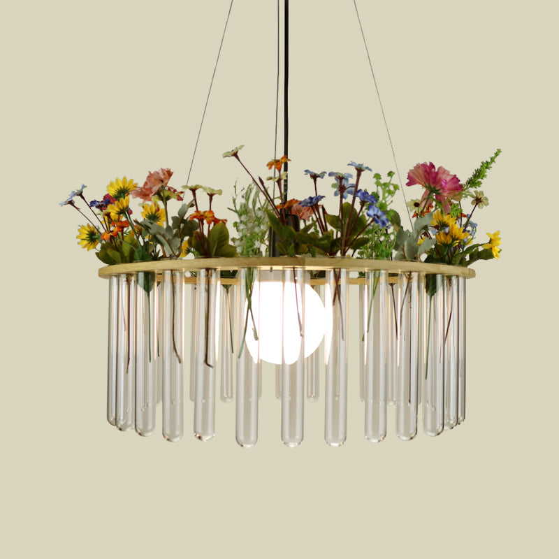 Beige Tubular Ceiling Lamp Loft Clear Glass 12"/19.5" W 1 Head Plant Hanging Pendant Light with Wood Circle Clearhalo 'Ceiling Lights' 'Glass shade' 'Glass' 'Industrial Pendants' 'Industrial' 'Island Lights' 'Middle Century Pendants' 'Pendant Lights' 'Pendants' 'Tiffany' Lighting' 784766