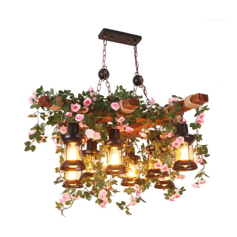 Clear Glass Wood Chandelier Lighting Lantern 8 Heads Farmhouse Ceiling Pendant with Artificial Flower Clearhalo 'Carpenter Chandeliers' 'Ceiling Lights' 'Chandeliers' 'Industrial Chandeliers' 'Industrial' 'Middle Century Chandeliers' 'Modern' 'Tiffany' Lighting' 784826