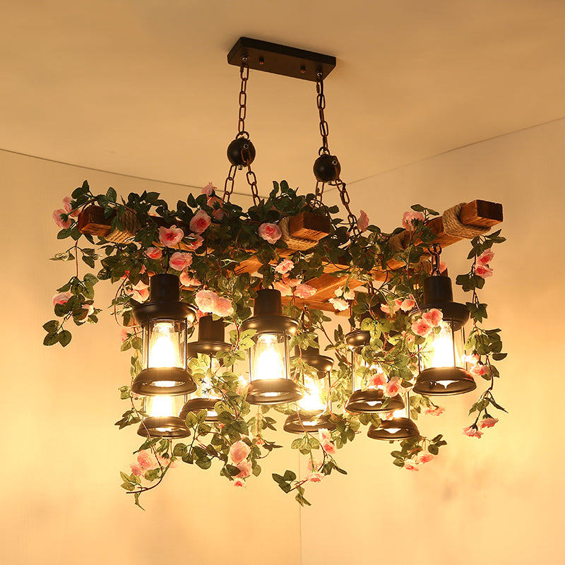 Clear Glass Wood Chandelier Lighting Lantern 8 Heads Farmhouse Ceiling Pendant with Artificial Flower Clearhalo 'Carpenter Chandeliers' 'Ceiling Lights' 'Chandeliers' 'Industrial Chandeliers' 'Industrial' 'Middle Century Chandeliers' 'Modern' 'Tiffany' Lighting' 784827