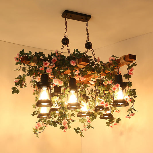 Clear Glass Wood Chandelier Lighting Lantern 8 Heads Farmhouse Ceiling Pendant with Artificial Flower Clearhalo 'Carpenter Chandeliers' 'Ceiling Lights' 'Chandeliers' 'Industrial Chandeliers' 'Industrial' 'Middle Century Chandeliers' 'Modern' 'Tiffany' Lighting' 784827