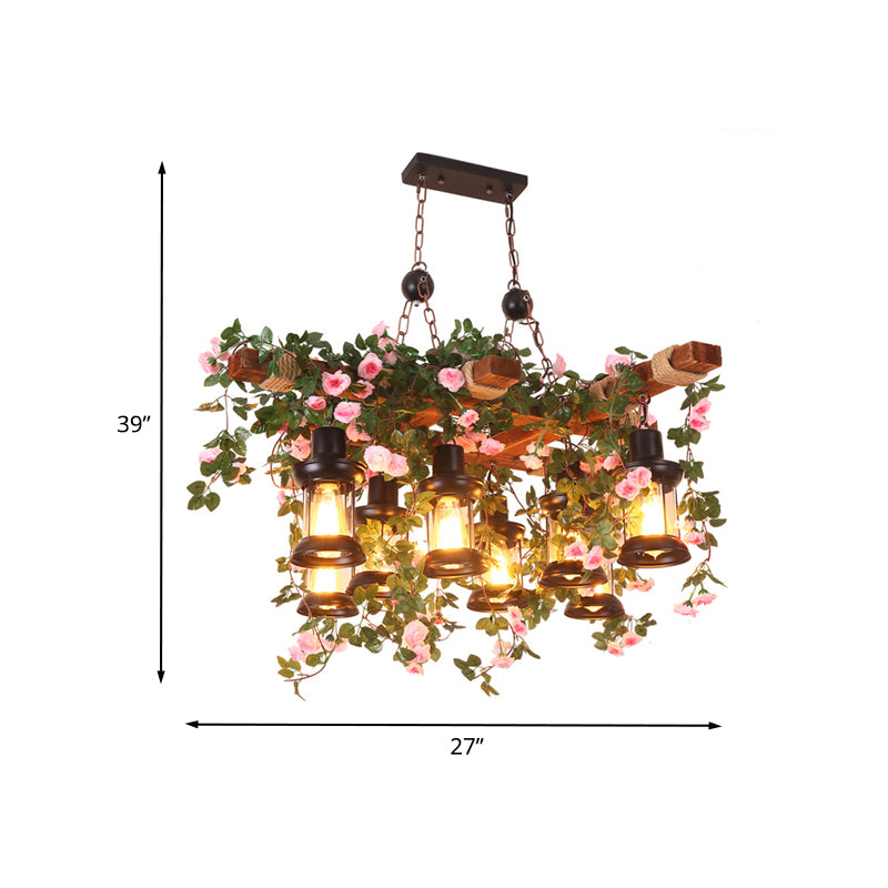 Clear Glass Wood Chandelier Lighting Lantern 8 Heads Farmhouse Ceiling Pendant with Artificial Flower Clearhalo 'Carpenter Chandeliers' 'Ceiling Lights' 'Chandeliers' 'Industrial Chandeliers' 'Industrial' 'Middle Century Chandeliers' 'Modern' 'Tiffany' Lighting' 784828