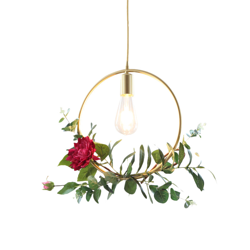 Gold 1 Bulb Drop Pendant Farm Iron Triangle/Square/Rectangle Frame Suspension Lighting with Fake Rose Clearhalo 'Art Deco Pendants' 'Cast Iron' 'Ceiling Lights' 'Ceramic' 'Crystal' 'Industrial Pendants' 'Industrial' 'Metal' 'Middle Century Pendants' 'Pendant Lights' 'Pendants' 'Tiffany' Lighting' 784836