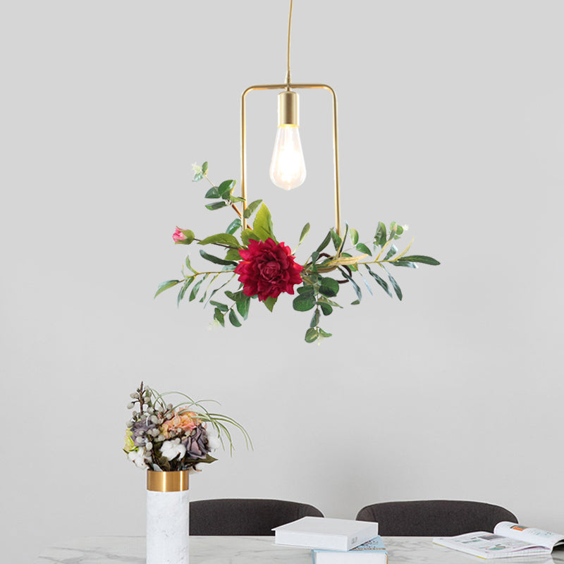 Gold 1 Bulb Drop Pendant Farm Iron Triangle/Square/Rectangle Frame Suspension Lighting with Fake Rose Clearhalo 'Art Deco Pendants' 'Cast Iron' 'Ceiling Lights' 'Ceramic' 'Crystal' 'Industrial Pendants' 'Industrial' 'Metal' 'Middle Century Pendants' 'Pendant Lights' 'Pendants' 'Tiffany' Lighting' 784845