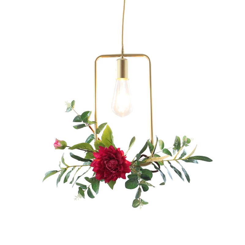 Gold 1 Bulb Drop Pendant Farm Iron Triangle/Square/Rectangle Frame Suspension Lighting with Fake Rose Clearhalo 'Art Deco Pendants' 'Cast Iron' 'Ceiling Lights' 'Ceramic' 'Crystal' 'Industrial Pendants' 'Industrial' 'Metal' 'Middle Century Pendants' 'Pendant Lights' 'Pendants' 'Tiffany' Lighting' 784846