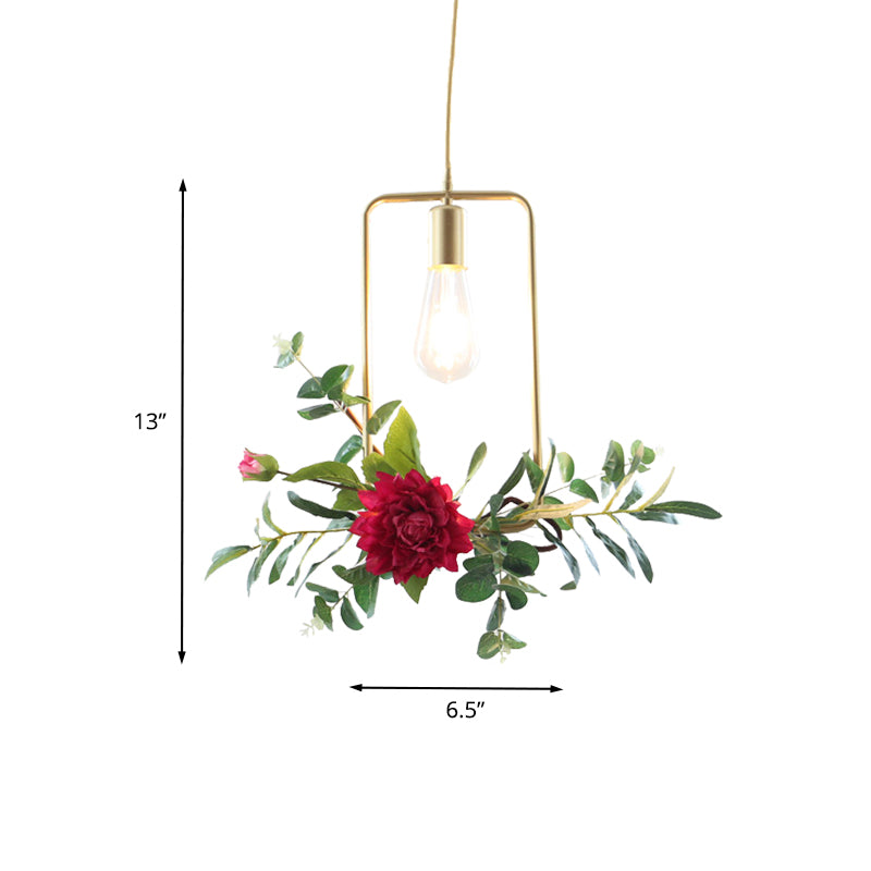 Gold 1 Bulb Drop Pendant Farm Iron Triangle/Square/Rectangle Frame Suspension Lighting with Fake Rose Clearhalo 'Art Deco Pendants' 'Cast Iron' 'Ceiling Lights' 'Ceramic' 'Crystal' 'Industrial Pendants' 'Industrial' 'Metal' 'Middle Century Pendants' 'Pendant Lights' 'Pendants' 'Tiffany' Lighting' 784847
