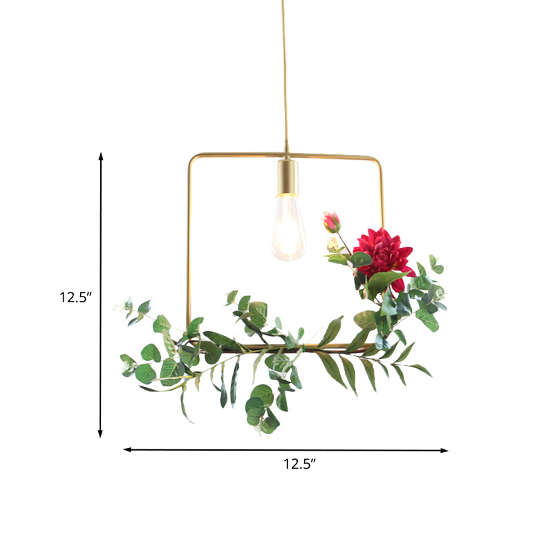 Gold 1 Bulb Drop Pendant Farm Iron Triangle/Square/Rectangle Frame Suspension Lighting with Fake Rose Clearhalo 'Art Deco Pendants' 'Cast Iron' 'Ceiling Lights' 'Ceramic' 'Crystal' 'Industrial Pendants' 'Industrial' 'Metal' 'Middle Century Pendants' 'Pendant Lights' 'Pendants' 'Tiffany' Lighting' 784852