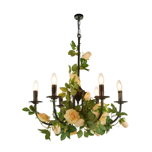 Farm Candelabra Pendant Chandelier 6 Lights Iron Ceiling Hang Fixture in Black with Artificial Rose Deco Clearhalo 'Cast Iron' 'Ceiling Lights' 'Chandeliers' 'Industrial Chandeliers' 'Industrial' 'Metal' 'Middle Century Chandeliers' 'Rustic Chandeliers' 'Tiffany' Lighting' 784855