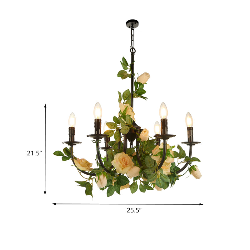 Farm Candelabra Pendant Chandelier 6 Lights Iron Ceiling Hang Fixture in Black with Artificial Rose Deco Clearhalo 'Cast Iron' 'Ceiling Lights' 'Chandeliers' 'Industrial Chandeliers' 'Industrial' 'Metal' 'Middle Century Chandeliers' 'Rustic Chandeliers' 'Tiffany' Lighting' 784856